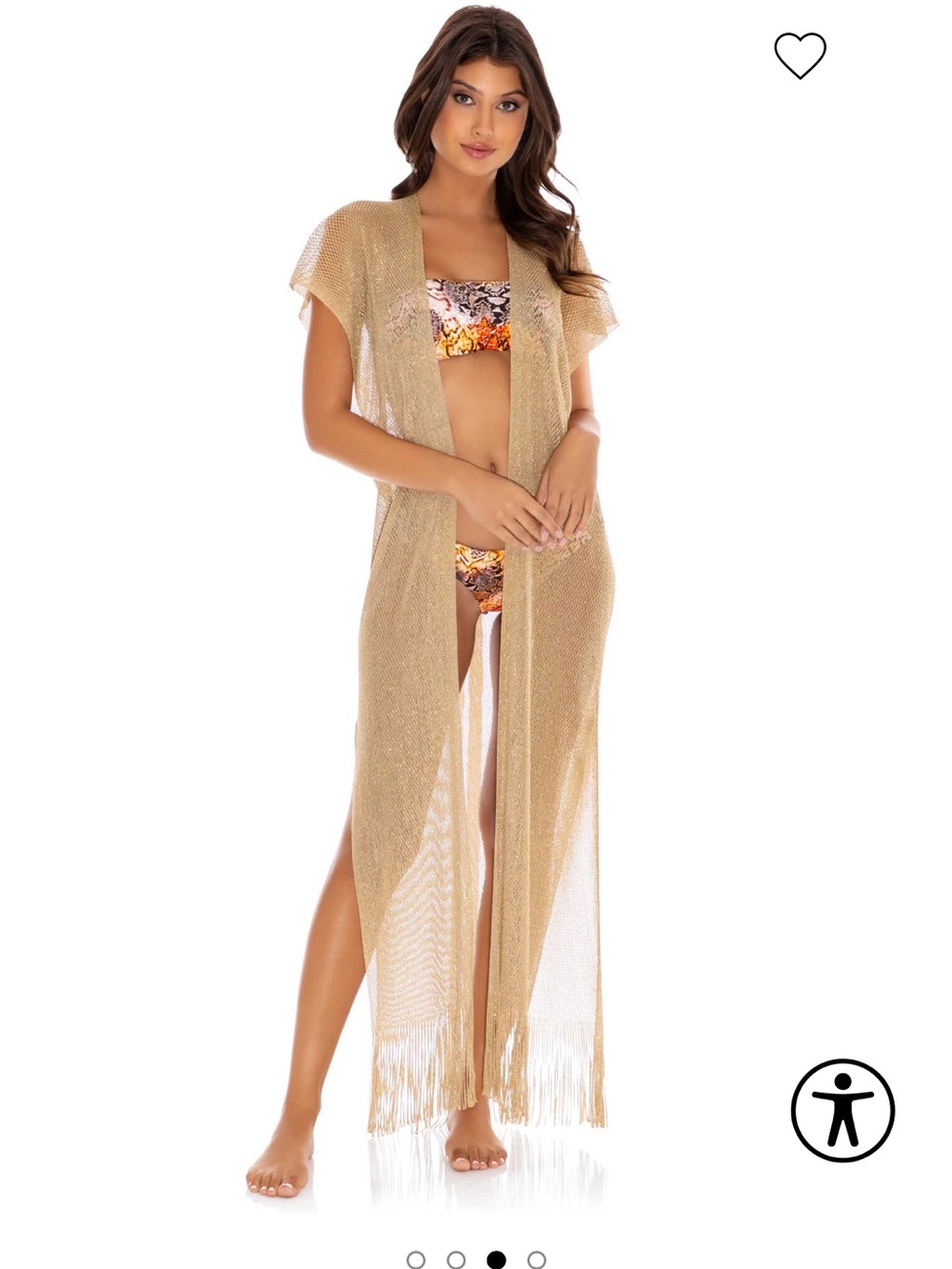 Luli Fama Metallic Gold Sheer Fringe Maxi Kimono Cover-Up NWT